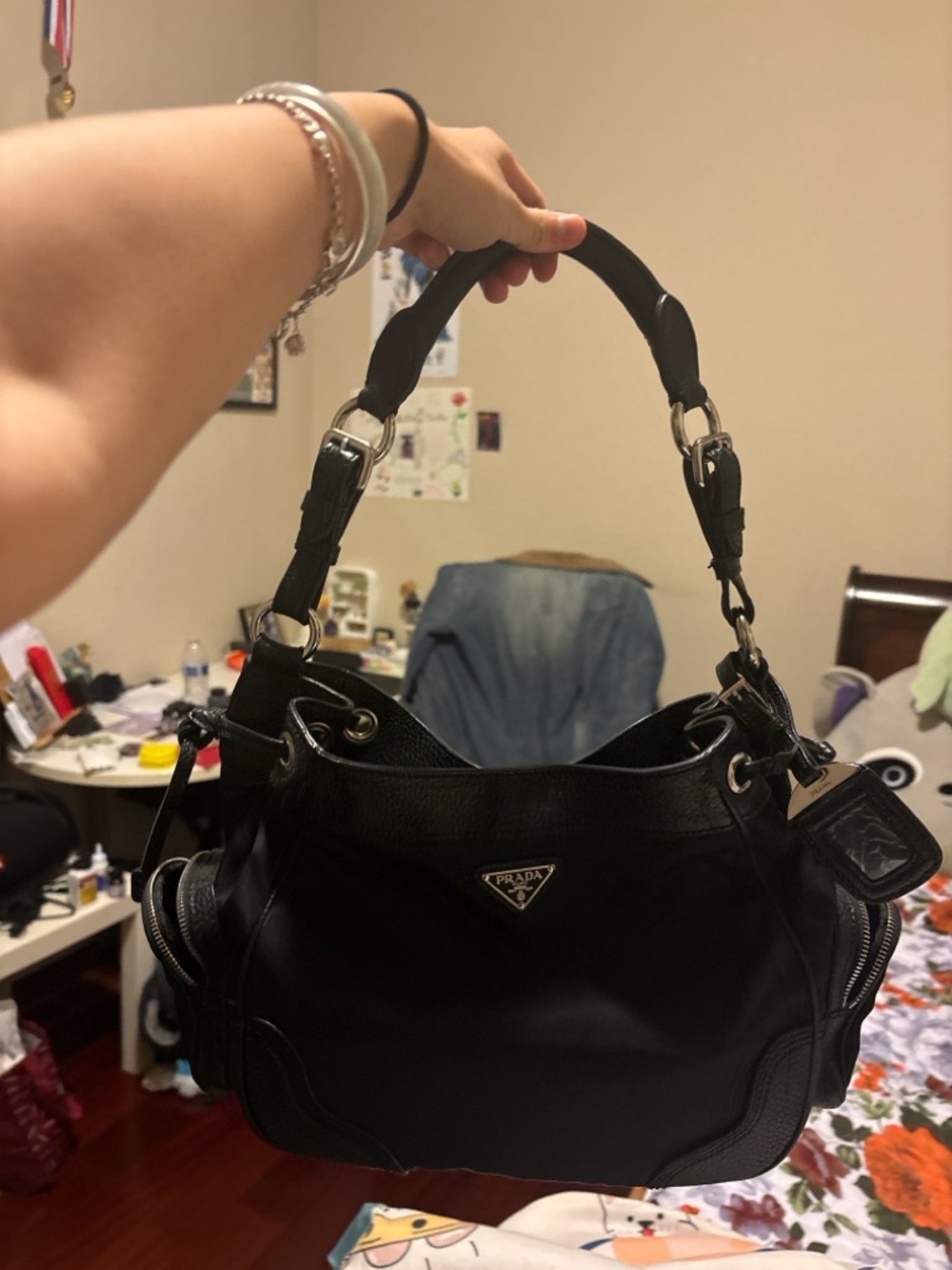 Vintage Prada Tessuto Nylon Hobo Bag Black Leather Trim Shoulder Bag Y2K
